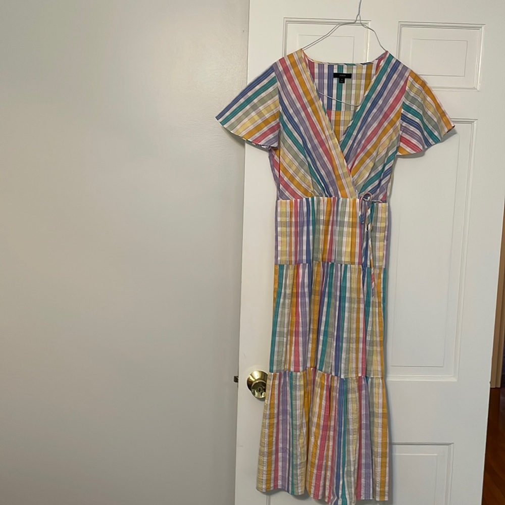 J.CREW Rainbow Faux Wrap Midi dress. Seersucker.